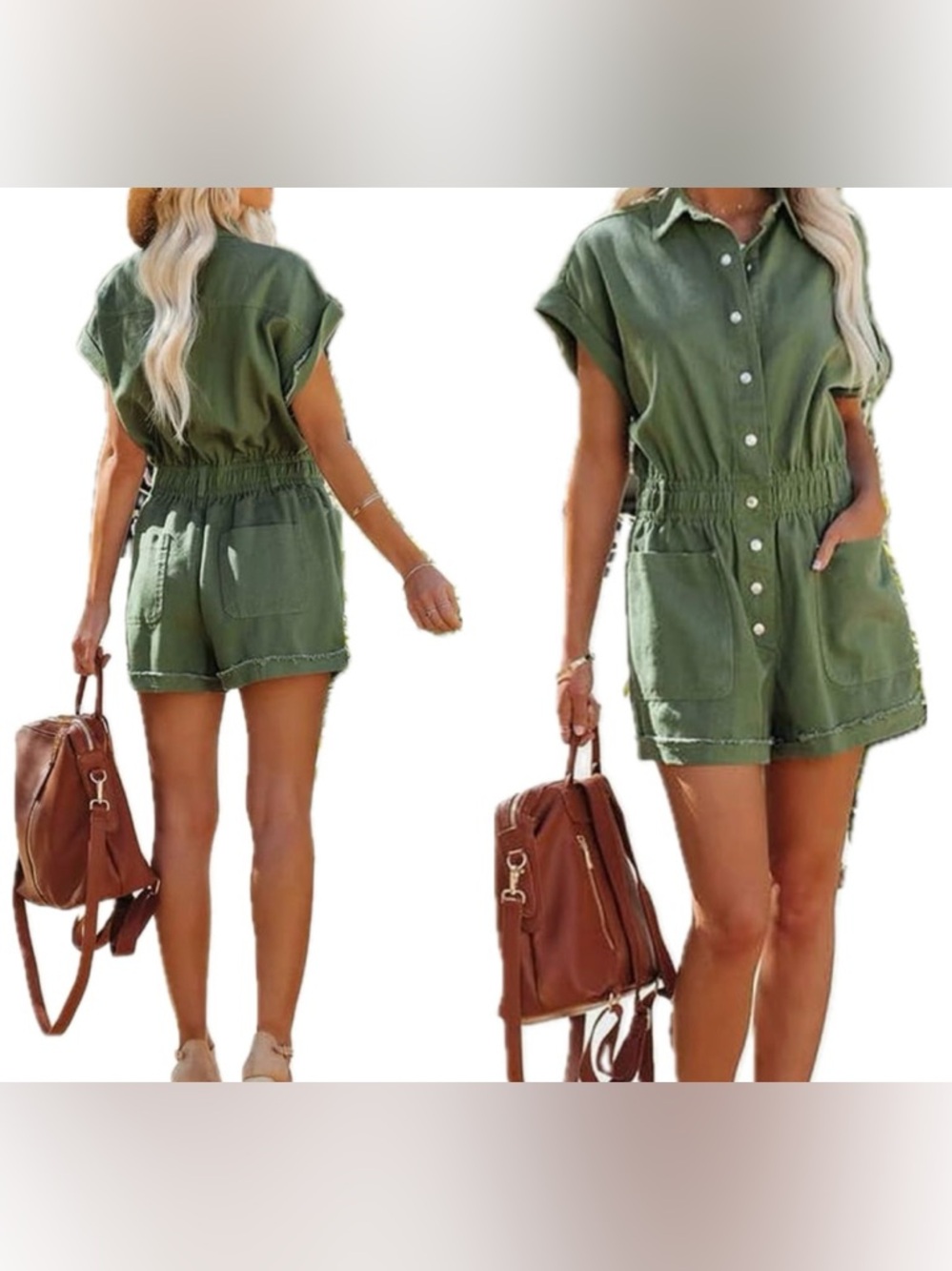 Army Green Cuffed Sleeve Utility Romper Size XXL